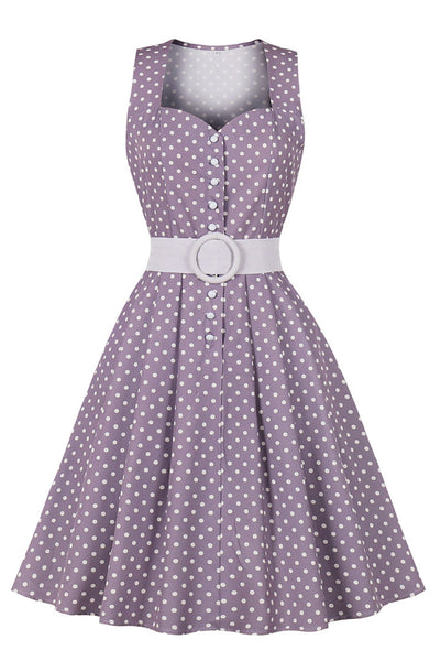 Vestido 50s Lunares Morado Con Cinturón