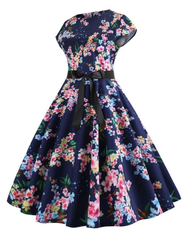 Vestido Azul Vintage Evasé Con Hojitas