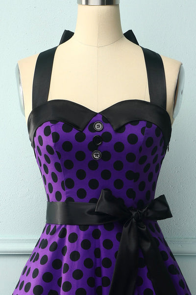 Vestido Halter Morado Con Lunares Negros