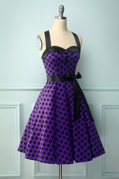 Vestido Halter Morado Con Lunares Negros