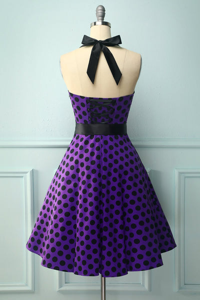 Vestido Halter Morado Con Lunares Negros