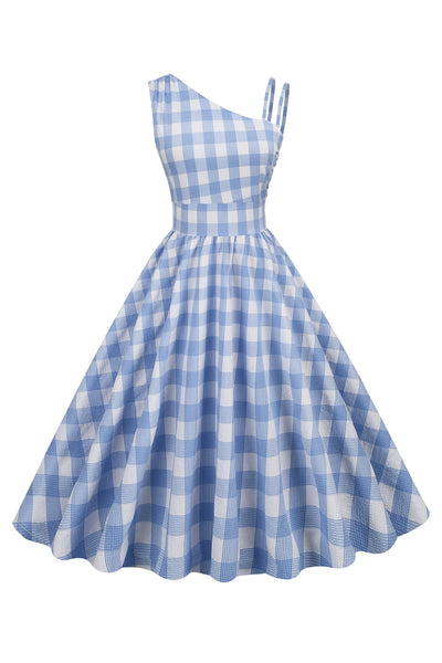 Vestido Vintage Asimétrico Con Cuadros Azules