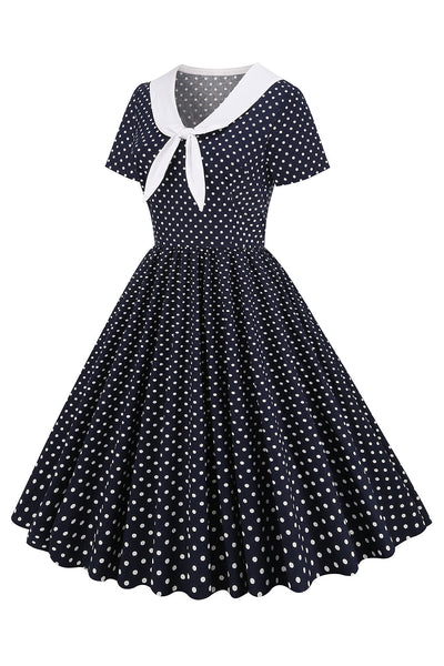 Vestido Vintage De Lunares En Blanco Y Negro Con Pajarita