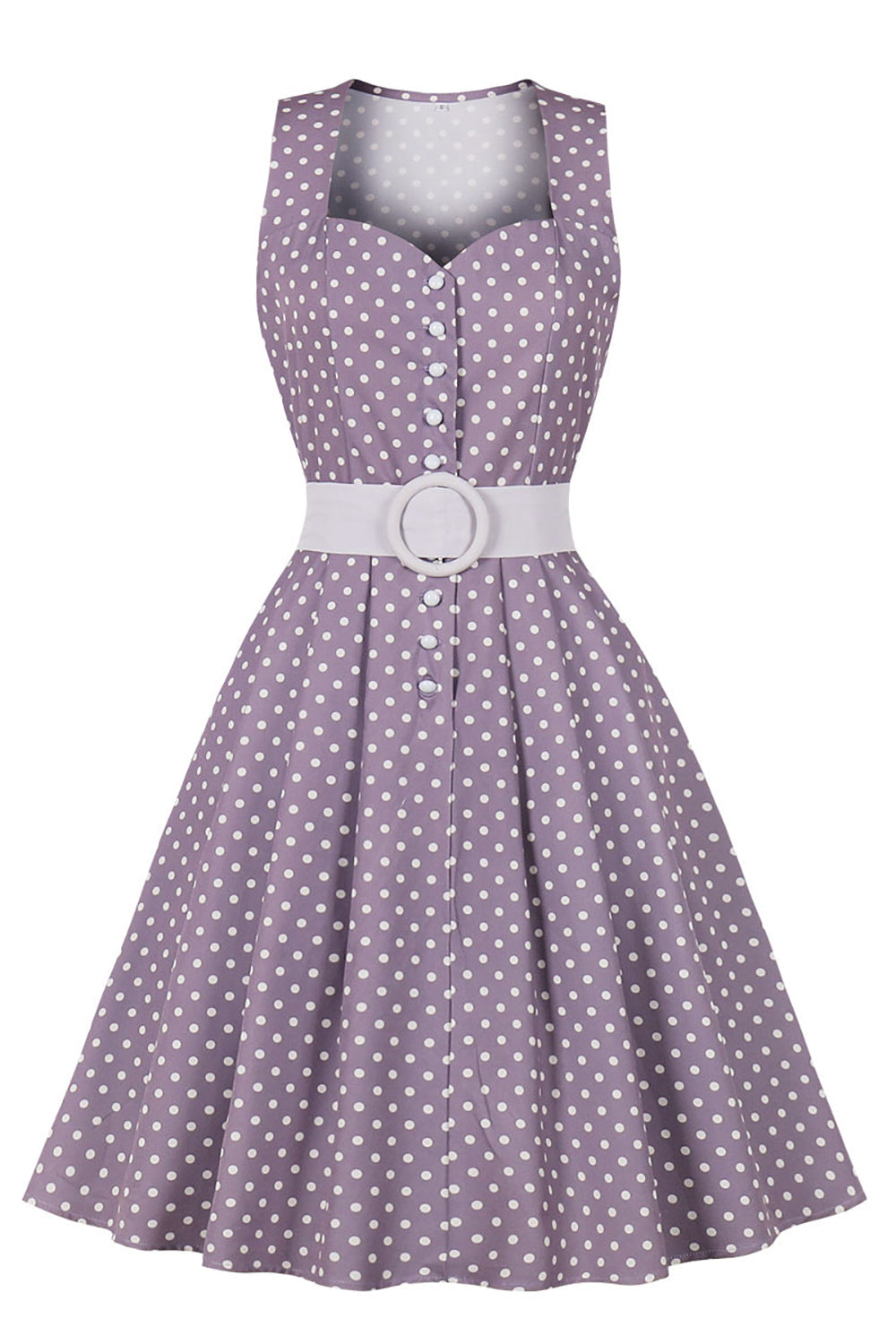 Vestido 50s Lunares Morado Con Cinturón