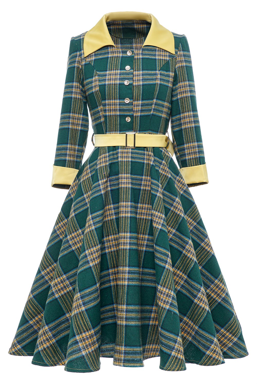 Vestido A Cuadros Verde Vintage De Otoño