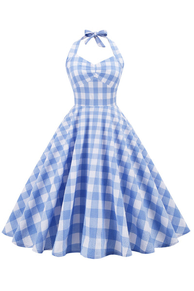 Vestido Retro Sin Espalda A Cuadros De Mujer
