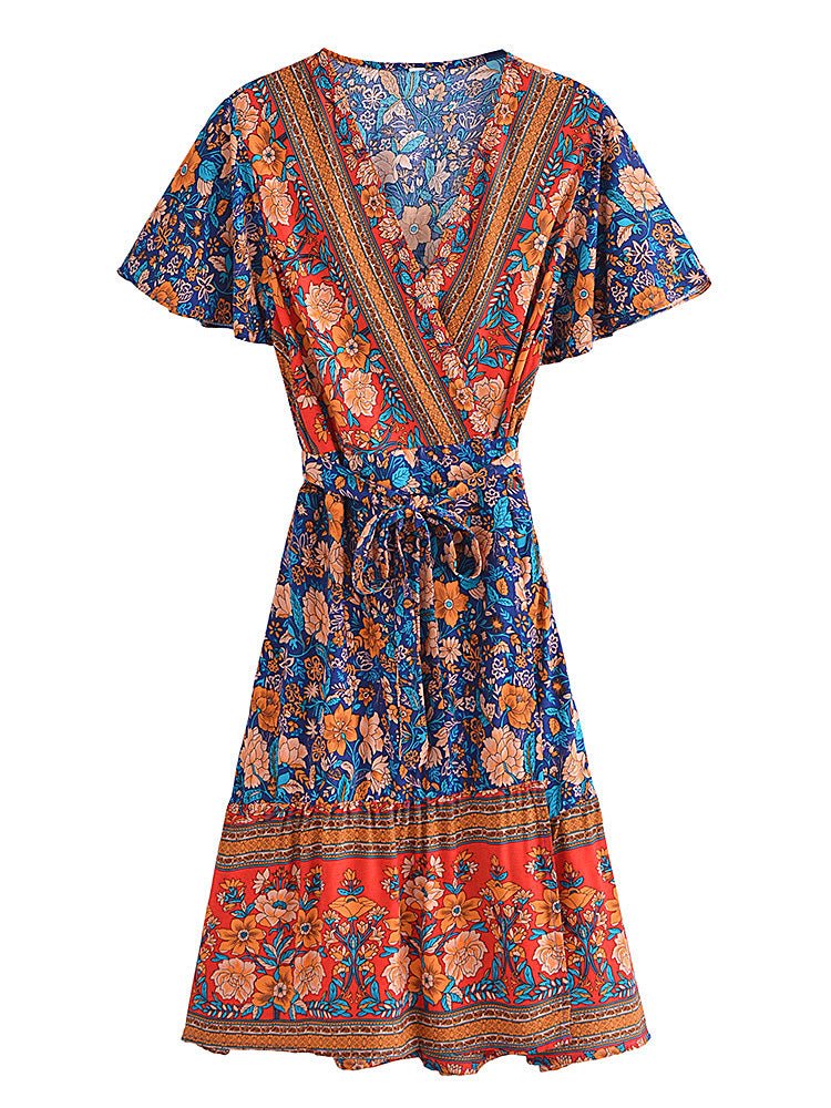 Vestido Niña 70s Flores Naranja Y Azul