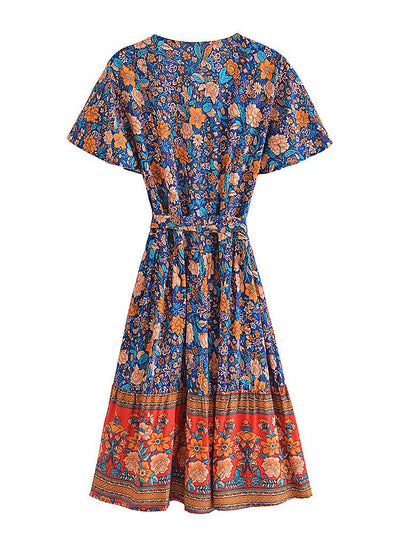 Vestido Niña 70s Flores Naranja Y Azul