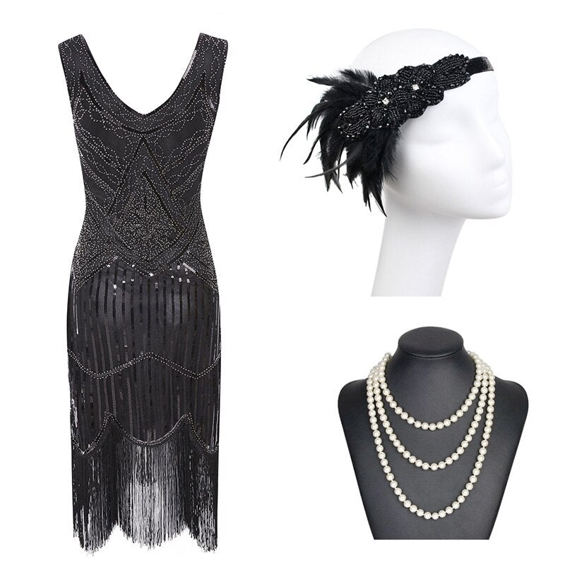 Vestido Flecos Plata Y Negro 20s