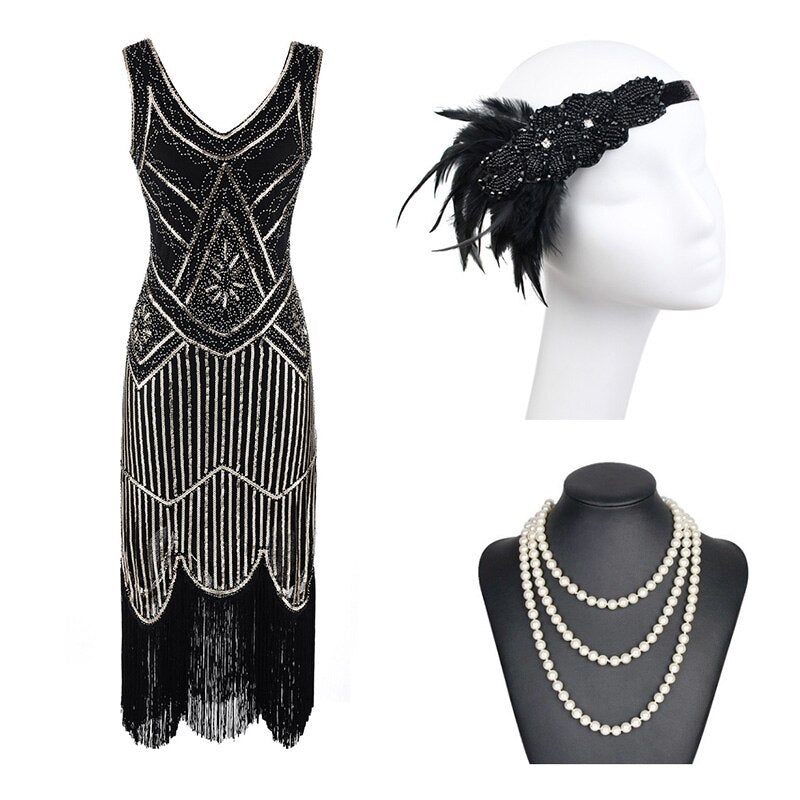 Vestido 20s Flecos Dorado