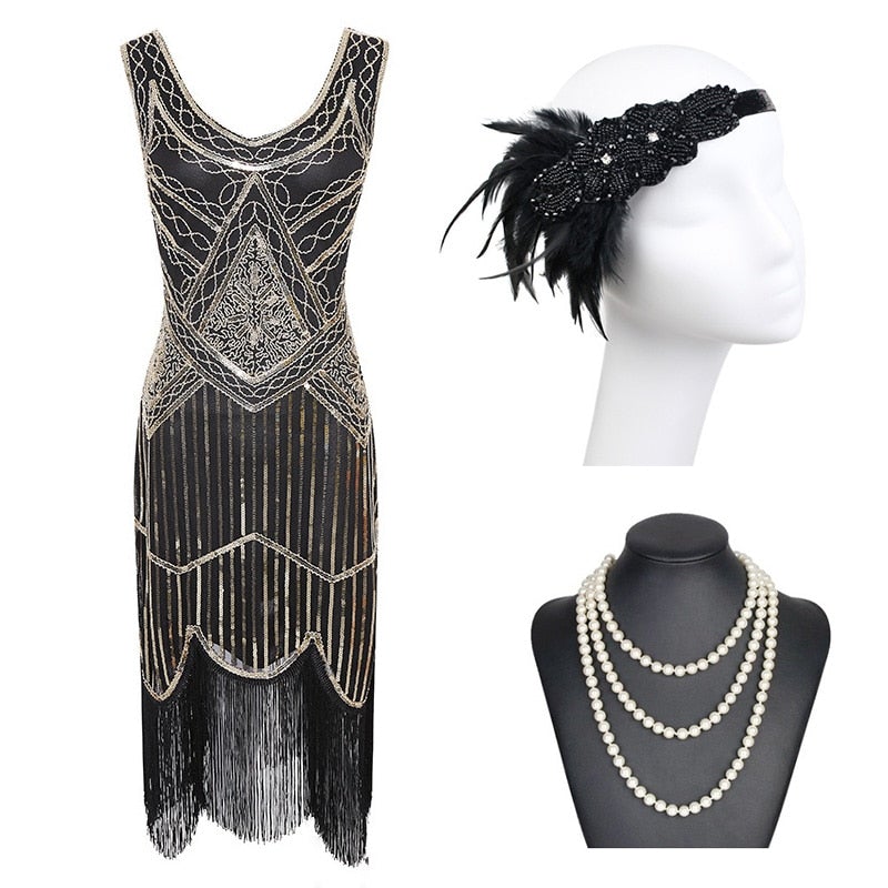 Vestido 20s Flecos Dorado