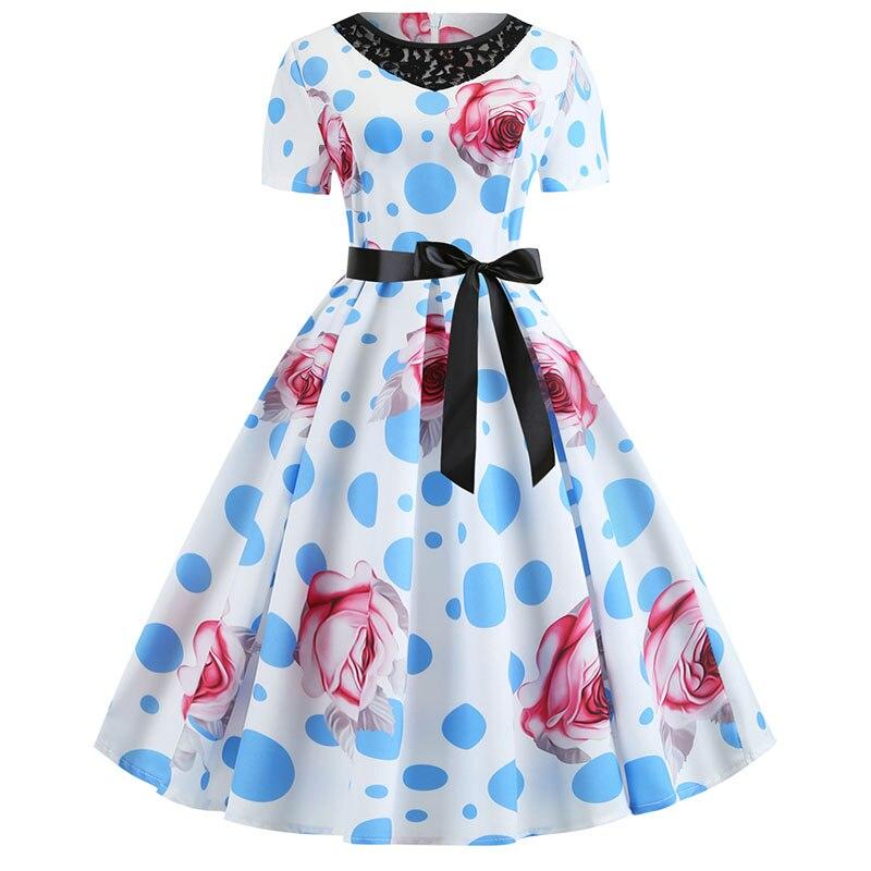 Vestido Azul Lunares Flor 50s