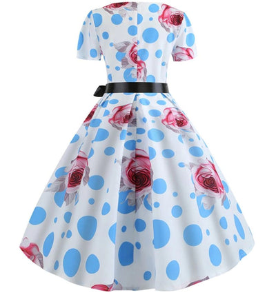 Vestido Azul Lunares Flor 50s