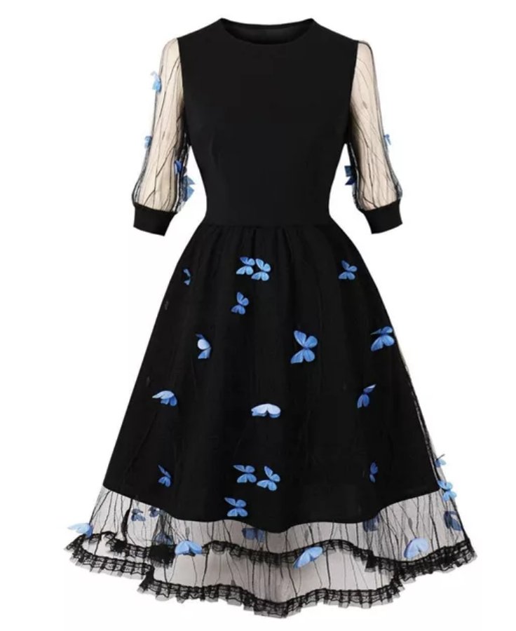 Vestido Azul Mariposas Pin Up 50s