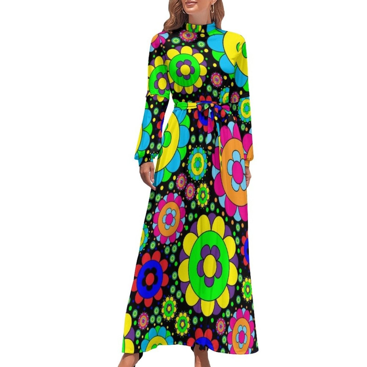 Vestido Manga Larga Floral 60s 70s