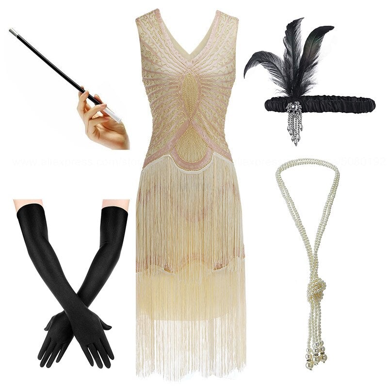 Vestido Mujer Años 20 Beige