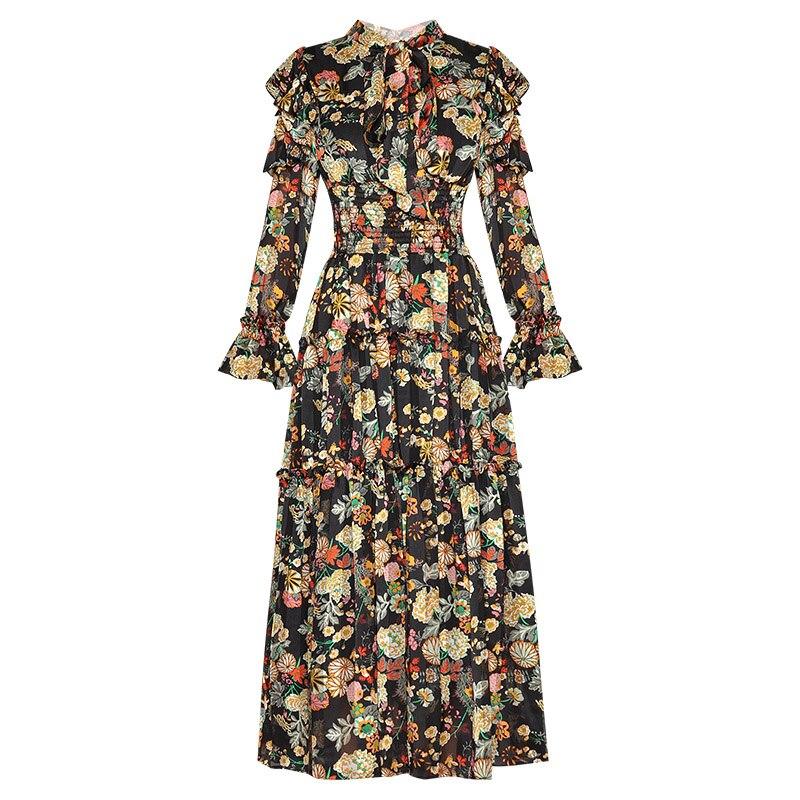 Vestido Floral Negro De Cintura Alta De Los Años 40