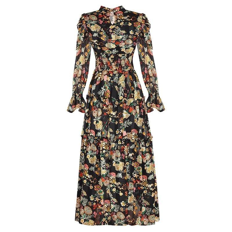Vestido Floral Negro De Cintura Alta De Los Años 40