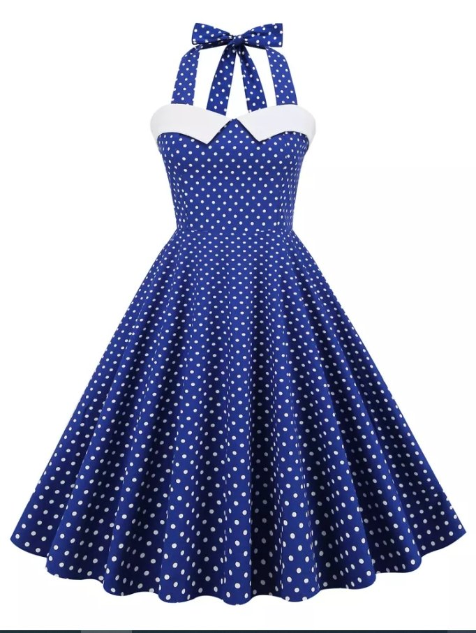 Vestido Azul Con Lunares Blancos Vintage