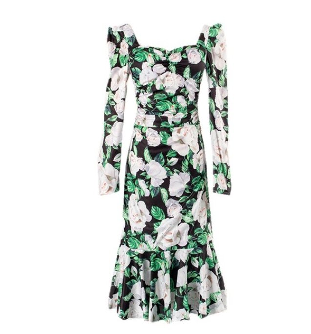 Vestido Ceremonia Vintage Floral Verde