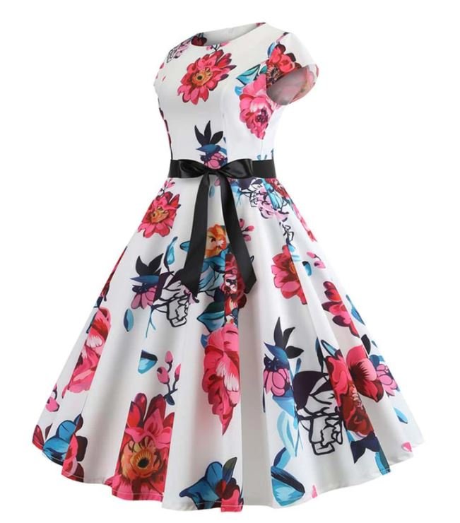 Vestido De Vuelo Vintage Blanco Y Rosa