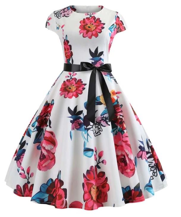 Vestido De Vuelo Vintage Blanco Y Rosa