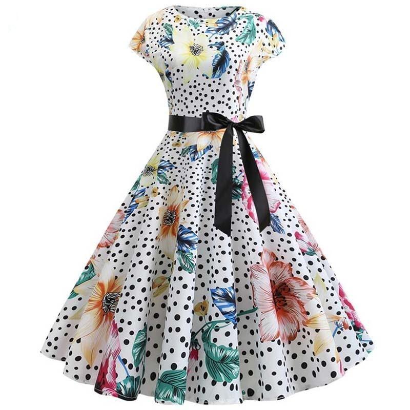 Vestido Años 50 Flores Blancas Y Lunares