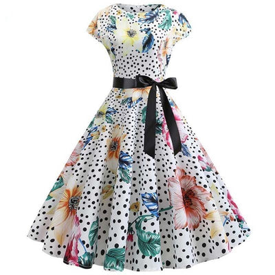 Vestido Años 50 Flores Blancas Y Lunares