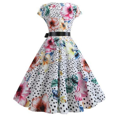 Vestido Años 50 Flores Blancas Y Lunares