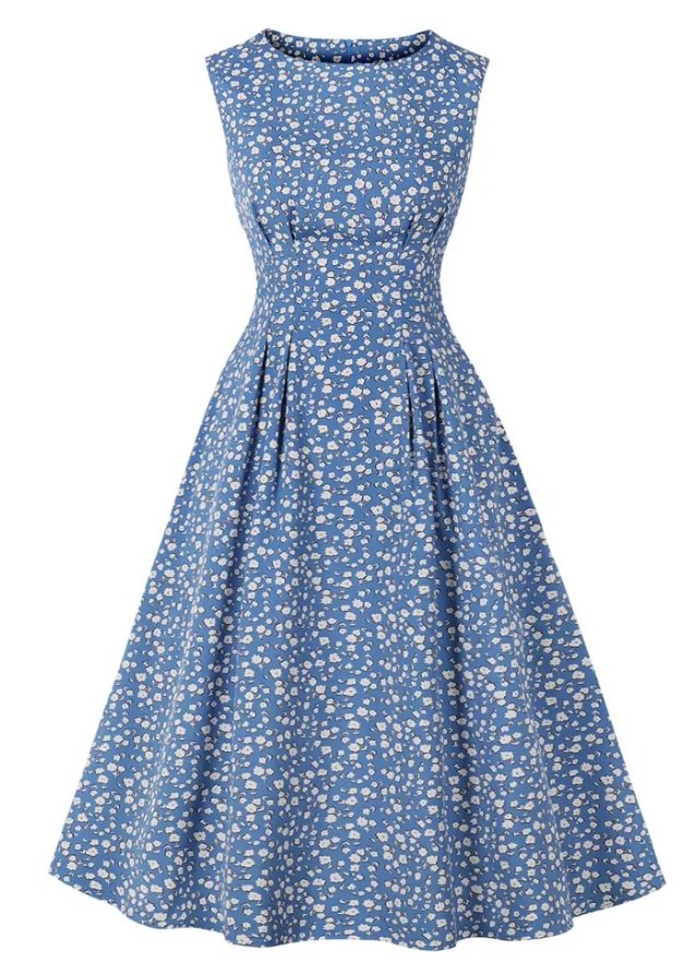 Vestido Vintage Flare Azul Flores Blancas