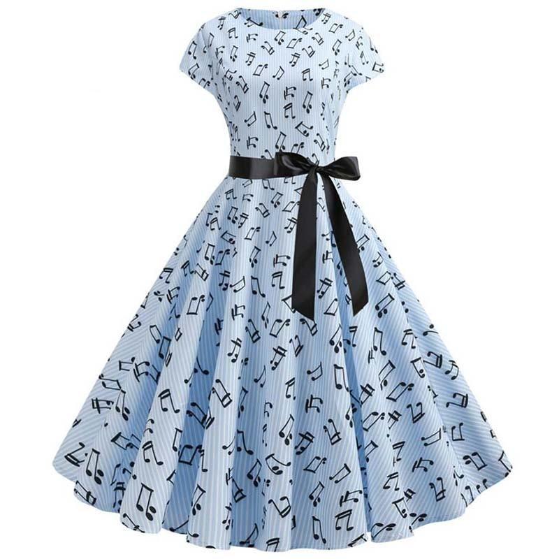 Vestido Vintage Azul Música Acampanado