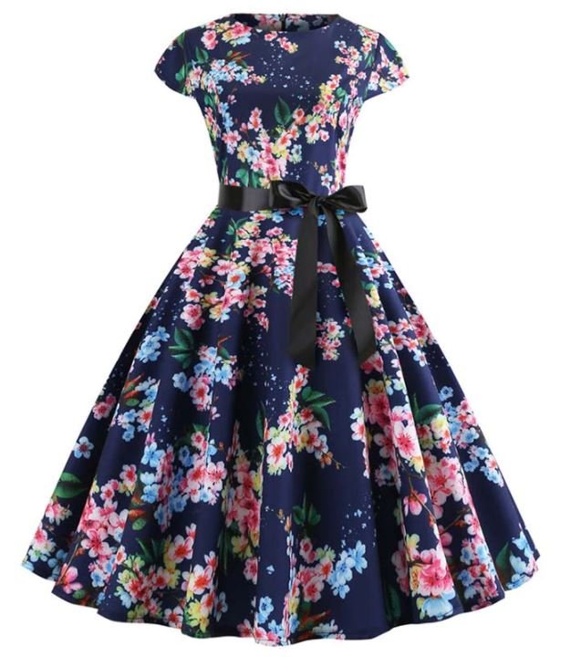 Vestido Azul Vintage Evasé Con Hojitas
