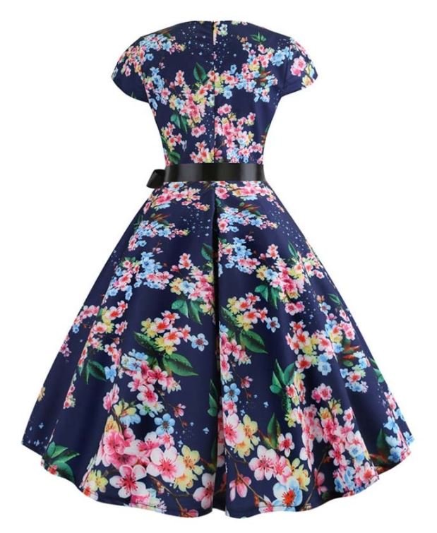 Vestido Azul Vintage Evasé Con Hojitas