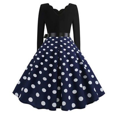 Vestido Vintage Evasé Marino Con Lunares Blancos