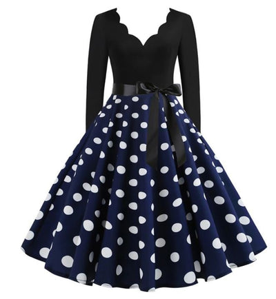 Vestido Vintage Evasé Marino Con Lunares Blancos
