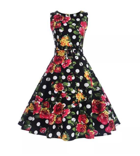 Vestido Acampanado Floral De Lunares Azul Marino Vintage