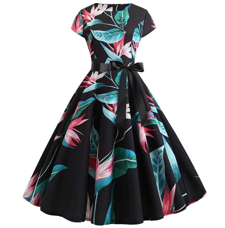 Vestido Vintage Negro Evasé Con Flores Finas