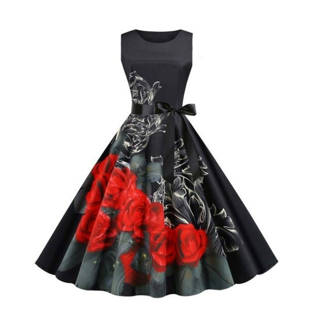 Vestido Acampanado Floral Negro Vintage