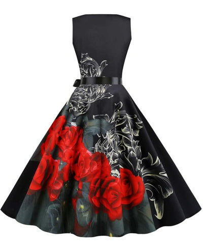 Vestido Acampanado Floral Negro Vintage