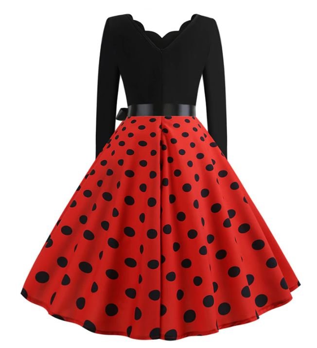 Vestido Vintage Rojo De Evasé Con Lunares Negros