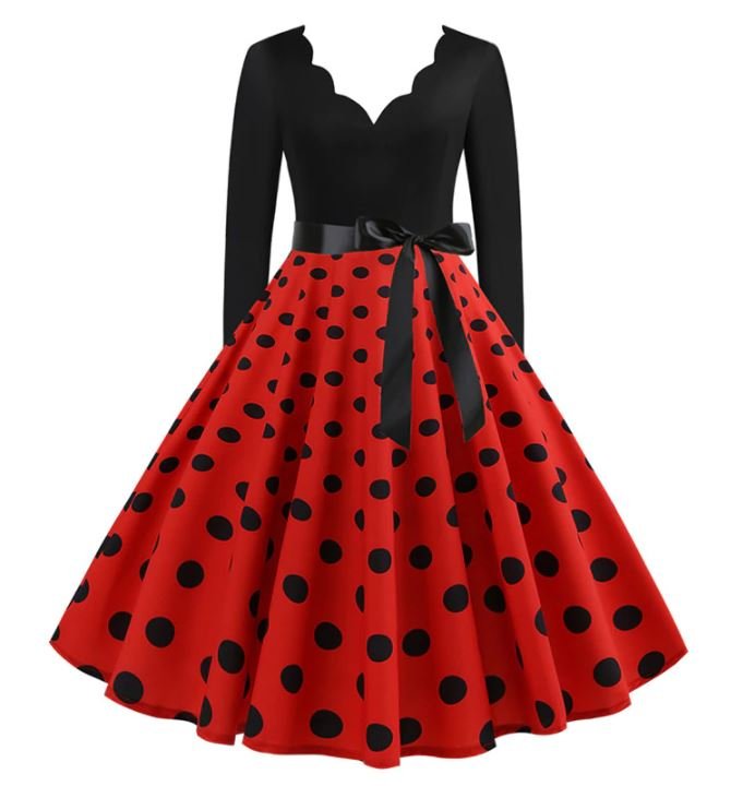 Vestido Vintage Rojo De Evasé Con Lunares Negros
