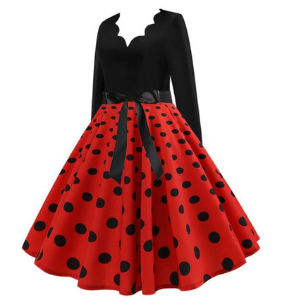 Vestido Vintage Rojo De Evasé Con Lunares Negros