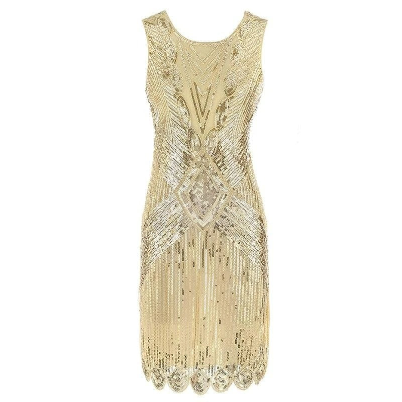 Vestido Gatsby Corto Beige Y Dorado