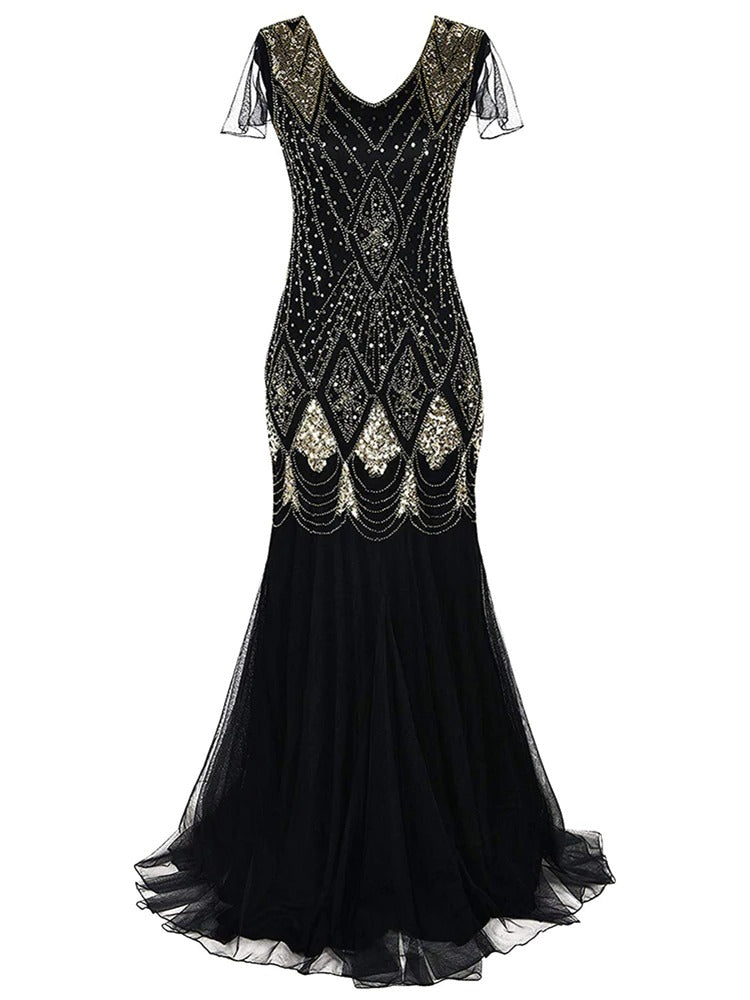 Vestido Gatsby Largo Negro Y Dorado De Alta Costura