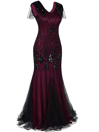 Vestido Gatsby Largo Burdeos Y Negro De Alta Costura