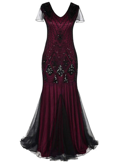 Vestido Gatsby Largo Burdeos Y Negro De Alta Costura