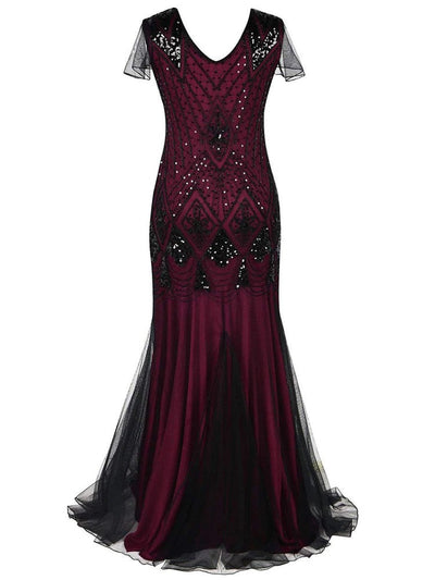 Vestido Gatsby Largo Burdeos Y Negro De Alta Costura