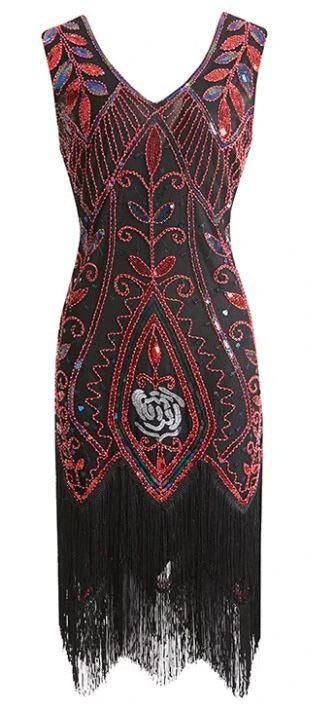 Vestido Gatsby De Plumas Rojo Y Negro