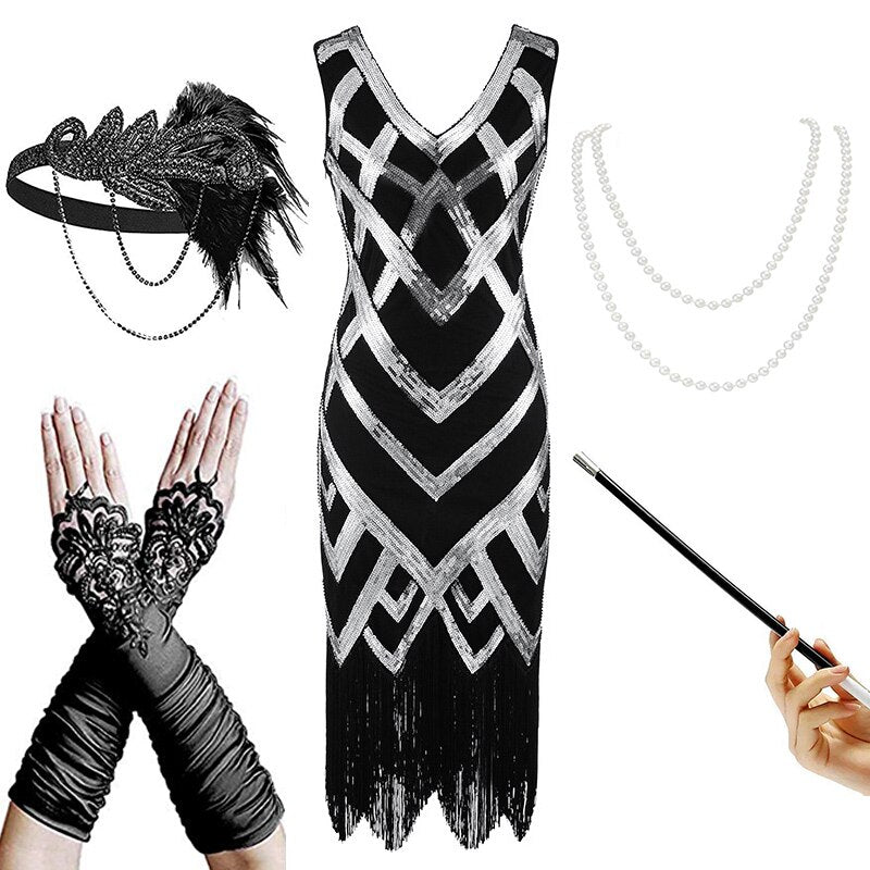 Vestido Inspiración Años 20 Negro Plata