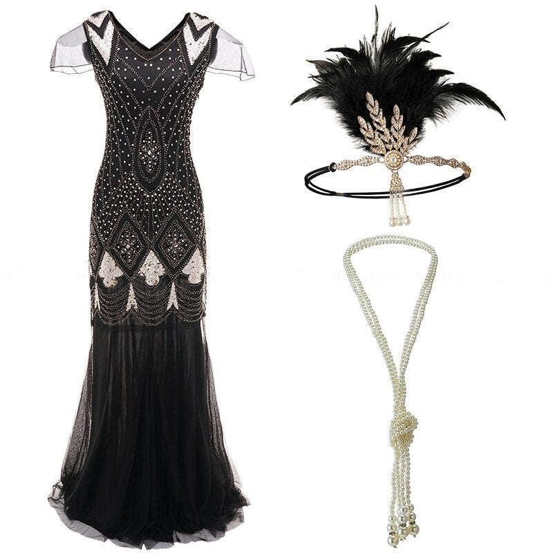 Vestido Largo Estilo Años 20 Negro Y Dorado